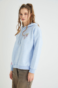 Lisanslı Baskılı Kapüşonlu Kalın Mavi Sweatshirt - 3