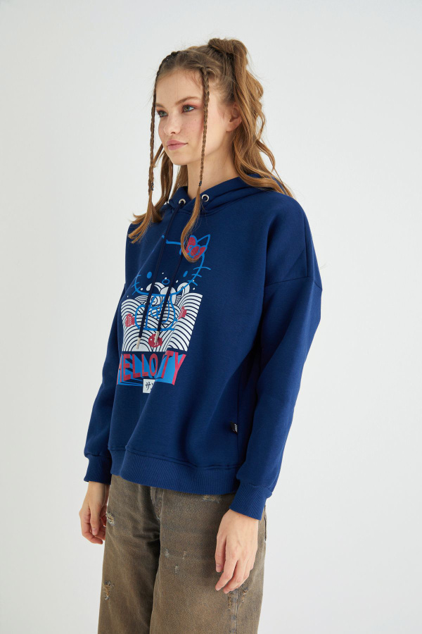 Lisanslı Baskılı Kapüşonlu Lacivert Sweatshirt - 5