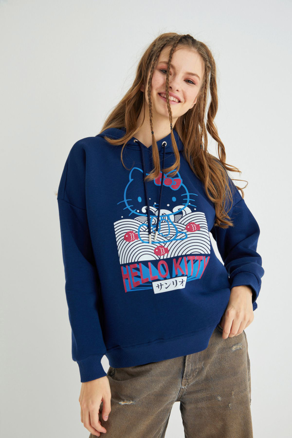 Lisanslı Baskılı Kapüşonlu Lacivert Sweatshirt - 4