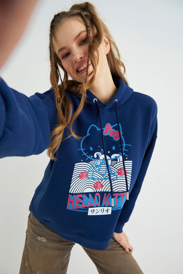 Lisanslı Baskılı Kapüşonlu Lacivert Sweatshirt - 1