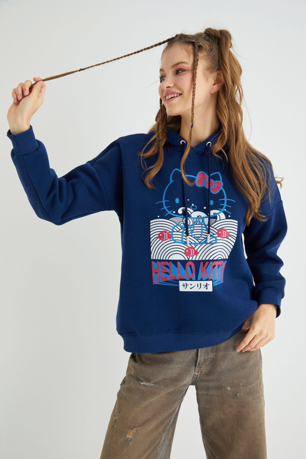 Lisanslı Baskılı Kapüşonlu Lacivert Sweatshirt - 3