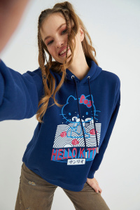 Lisanslı Baskılı Kapüşonlu Lacivert Sweatshirt - Hello Kitty