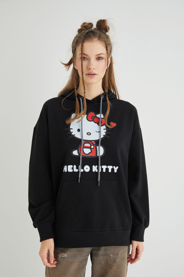 Lisanslı Baskılı Kapüşonlu Oversize Fit Sweatshirt - 1