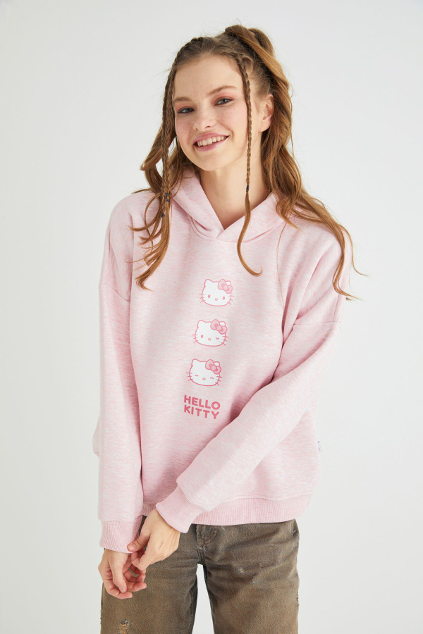 Lisanslı Baskılı Kapüşonlu Pembe Sweatshirt - 1