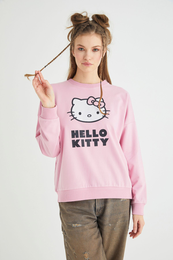 Lisanslı Baskılı Oversize Fit Pembe Sweatshirt - 1
