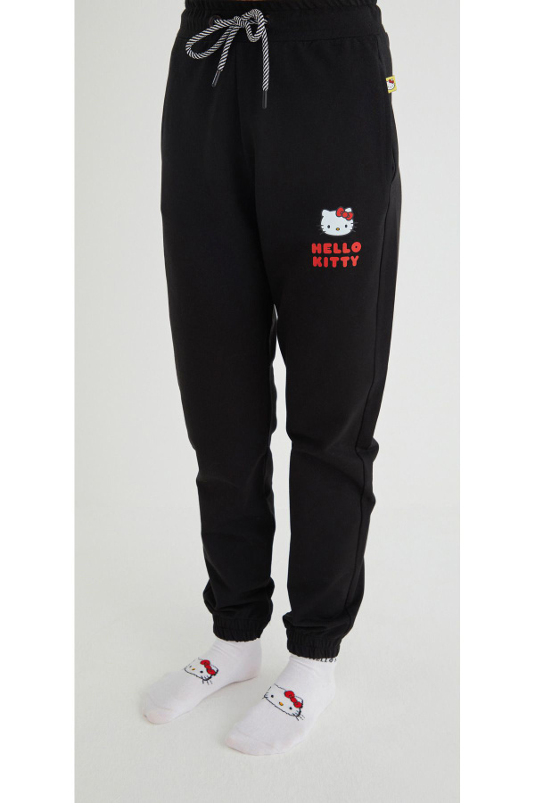 Lisanslı Baskılı Siyah Pamuk Likralı Eşofman Altı - 2