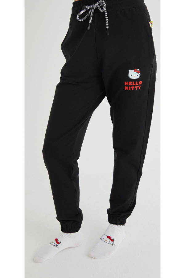 Lisanslı Baskılı Siyah Pamuk Likralı Eşofman Altı - 3