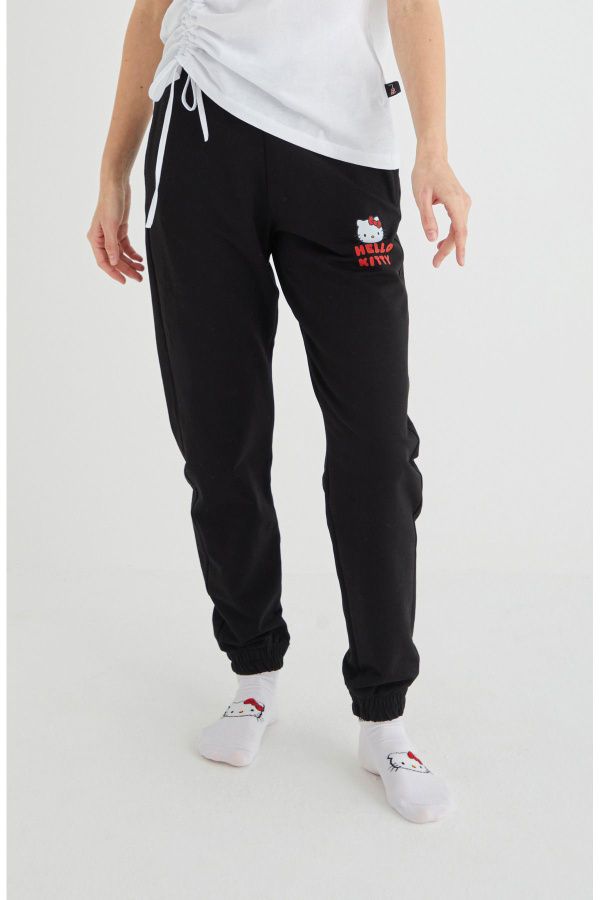 Lisanslı Baskılı Siyah Pamuk Likralı Eşofman Altı - 5