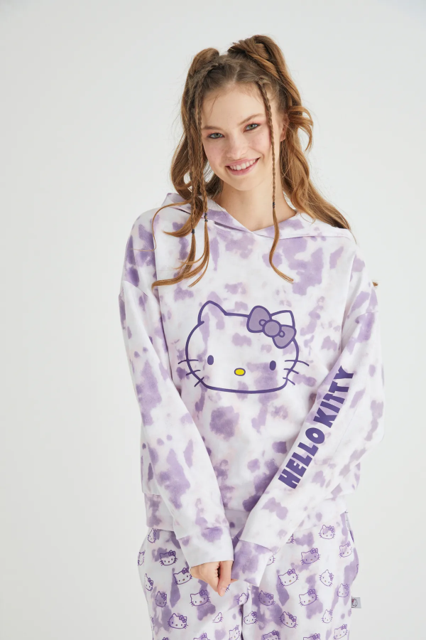 Lisanslı Batik Kapüşonlu Sweatshirt Pijama Üstü - 1
