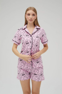 Lisanslı Düğmeli Pembe Kısa Kollu Pijama Takım - 3