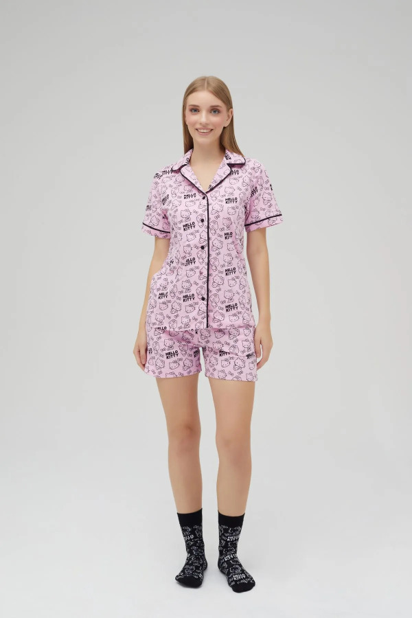 Lisanslı Düğmeli Pembe Kısa Kollu Pijama Takım - 5