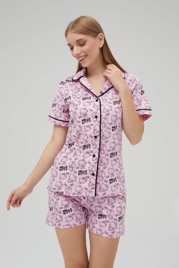 Lisanslı Düğmeli Pembe Kısa Kollu Pijama Takım - 1