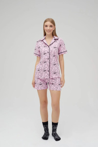 Lisanslı Düğmeli Pembe Kısa Kollu Pijama Takım - 5