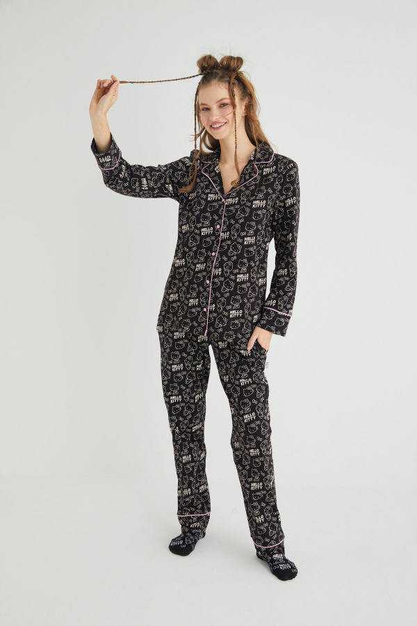 Lisanslı Düğmeli Uzun Kol Pijama Takım Roz-54 - 4