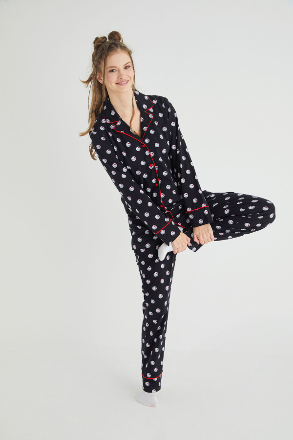 Lisanslı Düğmeli Uzun Kol Pijama Takım Roz-63 - 1
