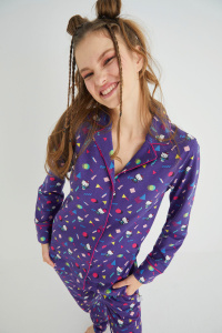 Lisanslı Düğmeli Uzun Kol Pijama Takım Roz-68 - 2