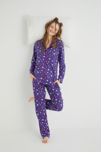 Lisanslı Düğmeli Uzun Kol Pijama Takım Roz-68 - Hello Kitty