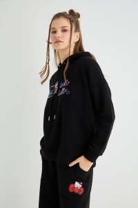 Lisanslı Kapüşonlu Kalın Oversize Siyah Sweatshirt - Hello Kitty