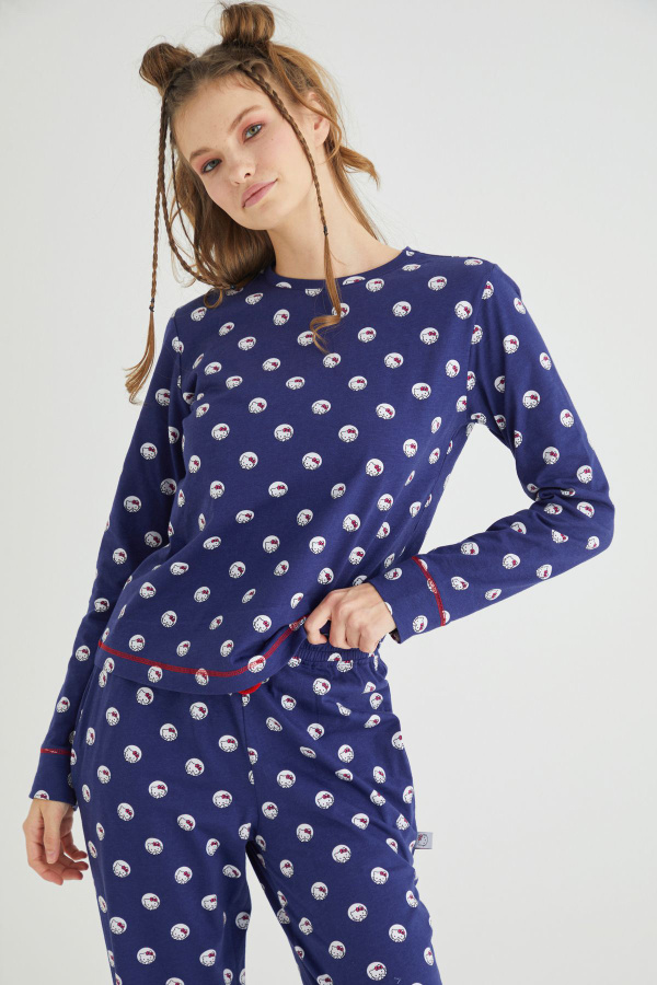 Lisanslı Uzun Kollu Lacivert Pamuklu Pijama Takımı - 1