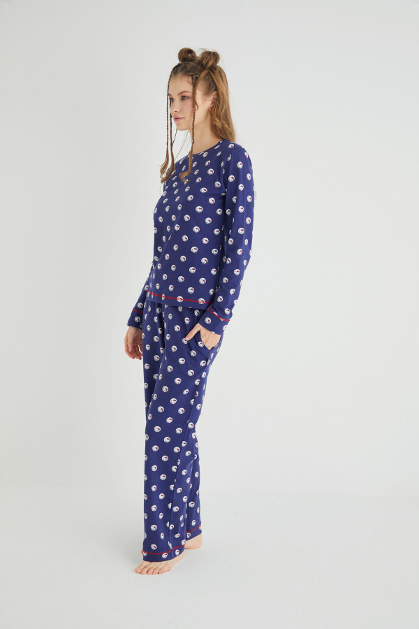 Lisanslı Uzun Kollu Lacivert Pamuklu Pijama Takımı - 3