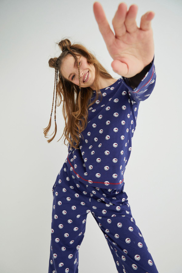 Lisanslı Uzun Kollu Lacivert Pamuklu Pijama Takımı - 2