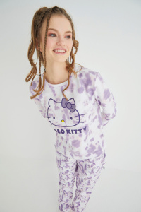 Lisanslı Uzun Kollu Mor Batik Pijama Takımı - Hello Kitty