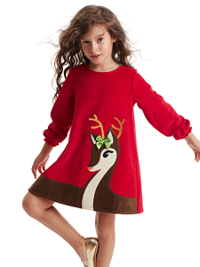Little Deer Girl Red Velvet Xmas Dress - Denokids