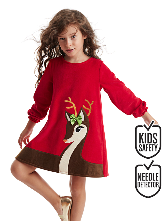 Little Deer Girl Red Velvet Xmas Dress - 1