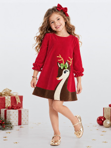 Little Deer Girl Red Velvet Xmas Dress - 1