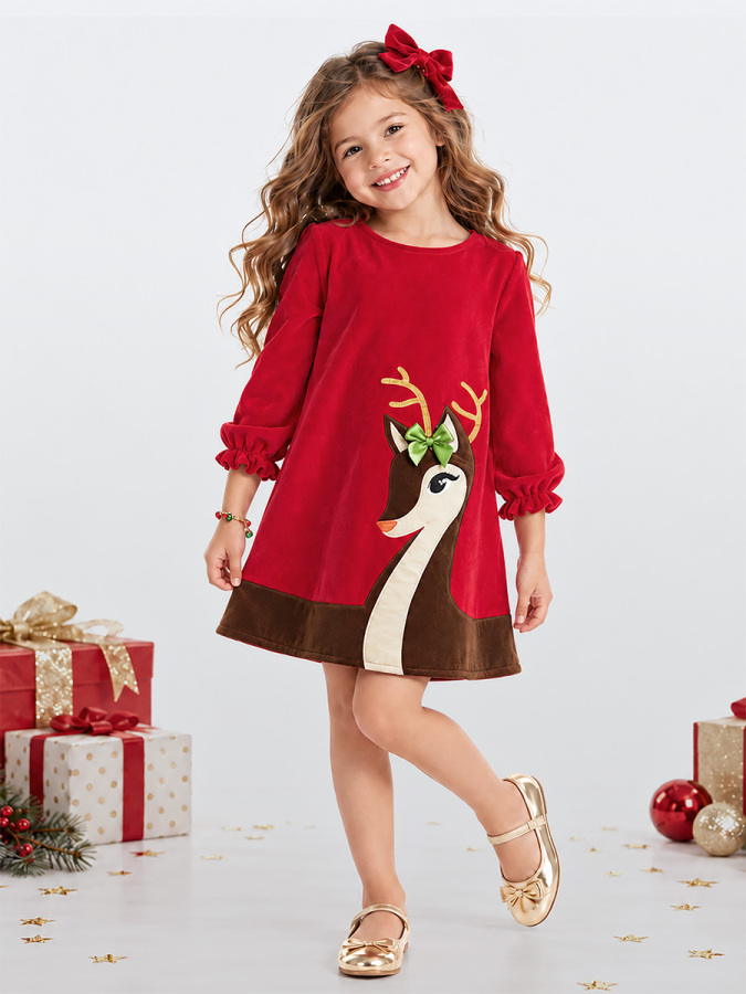 Little Deer Girl Red Velvet Xmas Dress - 1