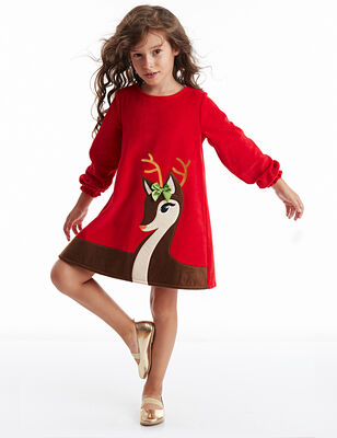 Little Deer Girl Red Velvet Xmas Dress