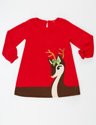 Little Deer Girl Red Velvet Xmas Dress - Thumbnail
