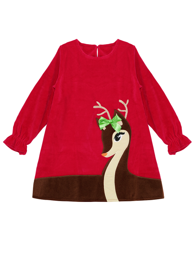 Little Deer Girl Red Velvet Xmas Dress - 3