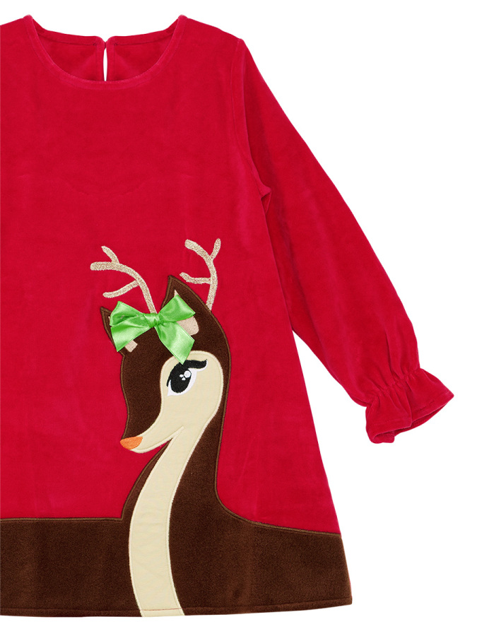 Little Deer Girl Red Velvet Xmas Dress - 5