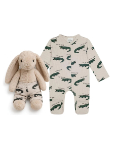 Little Nomad Timsah Desenli Erkek Bej Tavşan Seti - Velvet Bunny