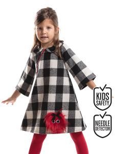 Ponpon Kız Çocuk Siyah Beyaz Ekose Uzun Kol Kışlık Elbise - Denokids