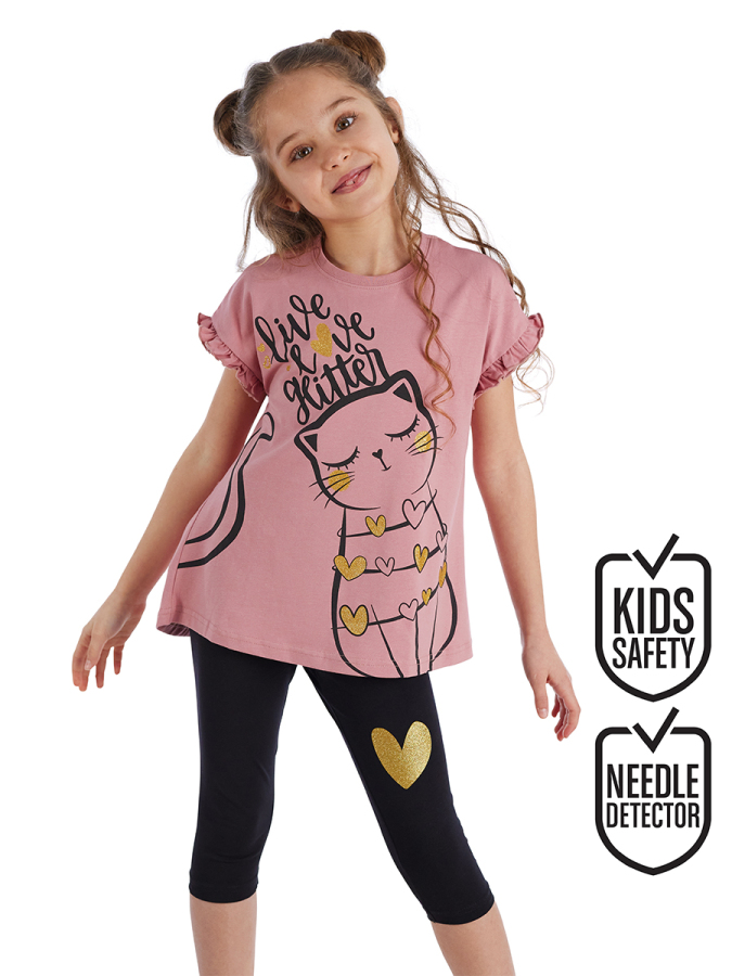 Fırfırlı Love Cat Pembe Siyah Kız Çocuk Yazlık T-shirt Tayt Takım - 1