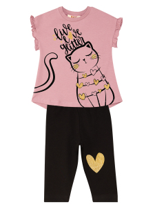 Fırfırlı Love Cat Pembe Siyah Kız Çocuk Yazlık T-shirt Tayt Takım - 12