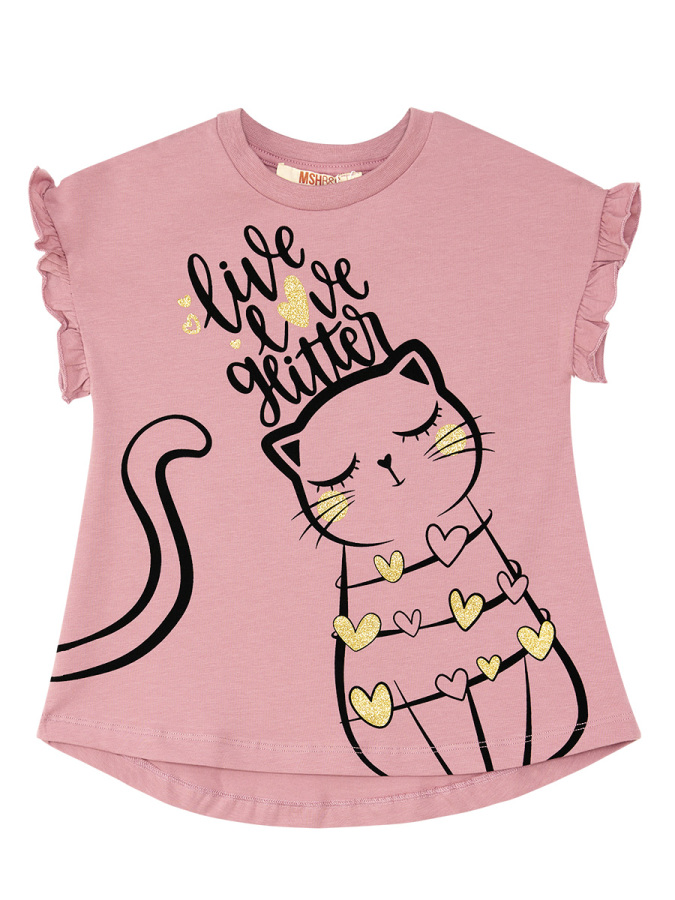 Fırfırlı Love Cat Pembe Siyah Kız Çocuk Yazlık T-shirt Tayt Takım - 14