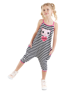 Love Me Kız Çocuk Çizgili Kedili Askılı Tulum - Denokids