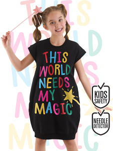 Magical Kız Çocuk Siyah Eteği Lastikli Yazlık Elbise - MSHB&G