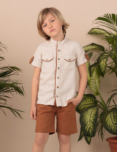 Mandarin Collar Beige Boy Shirt - Ollie&Olla