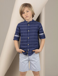 Mandarin Collar Navy Blue Boy Shirt - Thumbnail