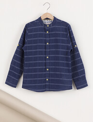 Mandarin Collar Navy Blue Boy Shirt - Thumbnail