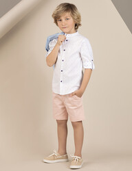 Mandarin Collar Navy Dotted Boy Shirt - Thumbnail