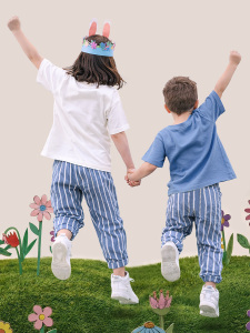 Mavi Çizgili Dokuma Unisex Kız Erkek Çocuk Dokuma Pantolon İlkbahar-Yazlık 2-8 Yaş - 2