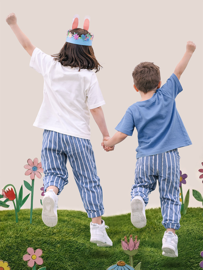 Mavi Çizgili Dokuma Unisex Kız Erkek Çocuk Dokuma Pantolon İlkbahar-Yazlık 2-8 Yaş - 2