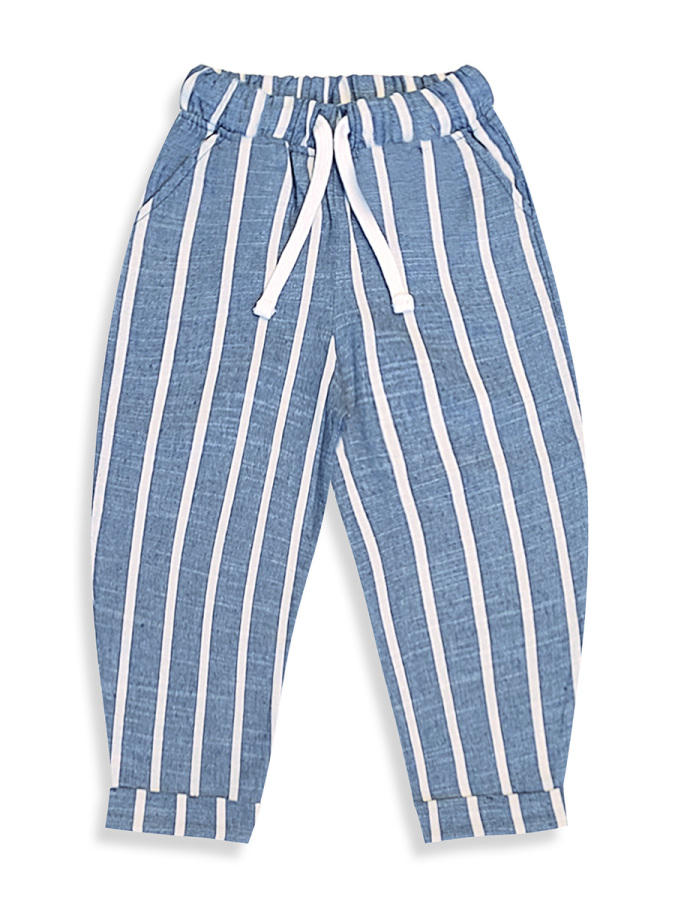 Mavi Çizgili Dokuma Unisex Kız Erkek Çocuk Dokuma Pantolon İlkbahar-Yazlık 2-8 Yaş - 4