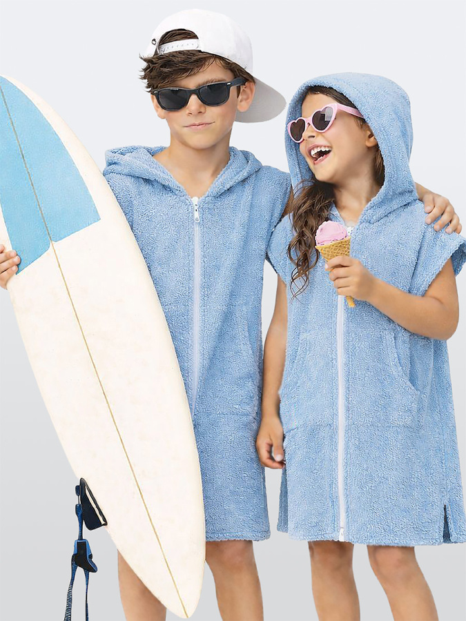 Unisex Çocuk Plaj Havlusu Havlu Bornoz Kapüşonlu Fermuarlı Standart - 1