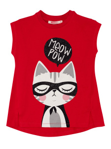 Kırmızı Meow Pow Çizgili Kız Çocuk Yazlık T-shirt Tayt Takım - 14